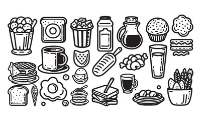  Breakfast food silhouette icon set line art vector illustration on white background