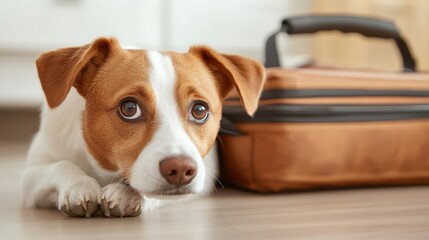 A cute dog expresses longing beside a travel bag, highlighting the emotional connection between pets and their owners when faced with separation during travel adventures.