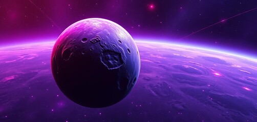 Purple alien planet with asteroid field, craters, and vibrant atmosphere Orbiting in a vast, star-filled universe,  planetscape,  universe
