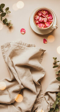 Steaming Rose Buds Tea with Eucaliptus and Bokeh Lights on Soft Linen &ndash; Vintage Boho Feminine Romantic Vertical Flat Lay Style