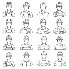 Set of Construction Worker Line Icons with Safety Helmets. Vector Style