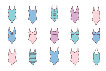 Set of linear bright women's bikini swimsuits on white background. Doodle style women's clothing icons. Hand drawn isolated fashion vector illustration.