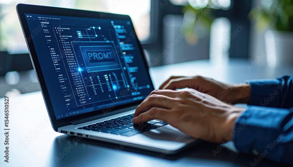 Wall mural person typing prompt command into futuristic software interface on a laptop in a tech workspace