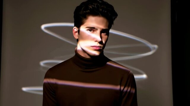 Young man in a turtleneck sweater posing against a backdrop with swirling light patterns
