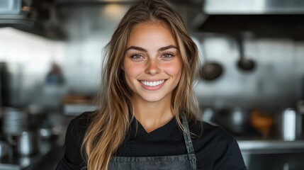 A bright and vibrant young chef smiles while standing in a modern kitchen, representing passion for cooking and culinary arts in an inviting professional environment.