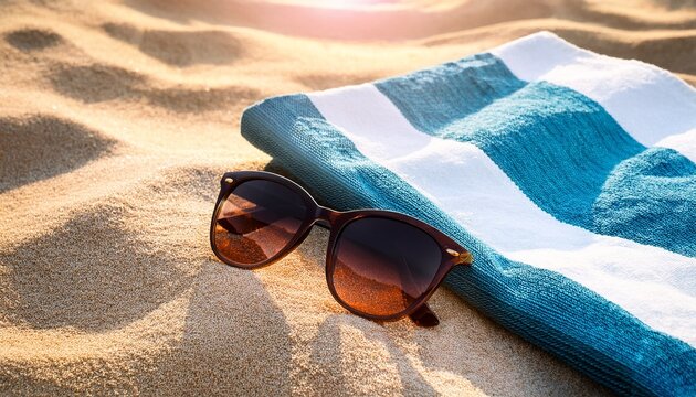 sunglasses and beach towel on sand background summer travel and relaxation vacation essentials beach lifestyle theme