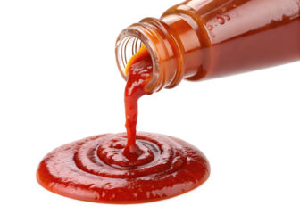 realistic-stream-of-ketchup-pouring-from-bottle isolated on white background png, ai generated