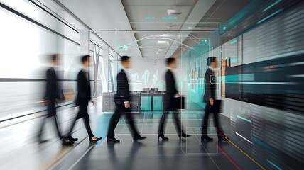 A group of diverse business professionals walking through a modern office, with digital analytics overlay highlighting technological advancements.