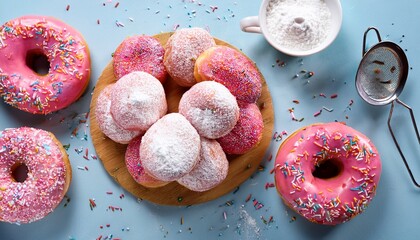 pink sprinkles donuts and powdered sugar donuts flatlay
