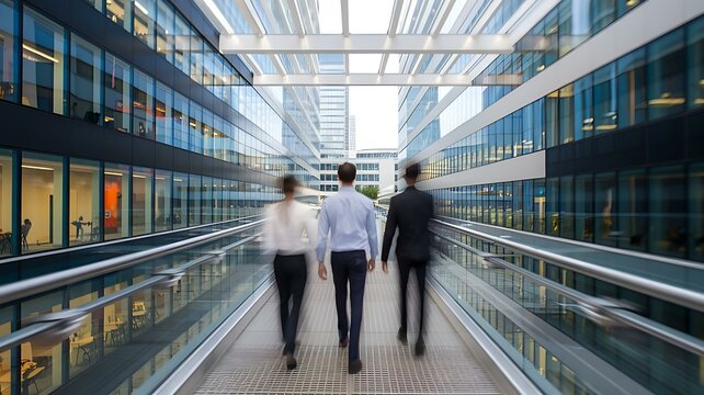 Two men and a woman walking in a modern office corridor with a sleek architectural design.
