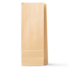 A plain brown paper bag, typically used for carrying groceries or takeout food, showcasing a simple and eco-friendly design.