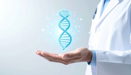 Doctor holding hologram dna strand in futuristic interface modern medical environment close-up view