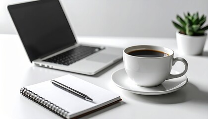 Minimalistic office desk setup with laptop coffee notepad plant in bright workspace environment