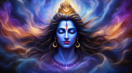A mystical, artistic painting of Lord Shiva with serene, closed eyes, deep in meditation. His skin is celestial blue, adorned with a crescent moon on his hair.
