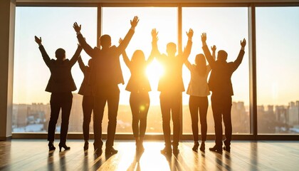 Business team celebrating success in modern office backlit environment group empowerment positive vibes
