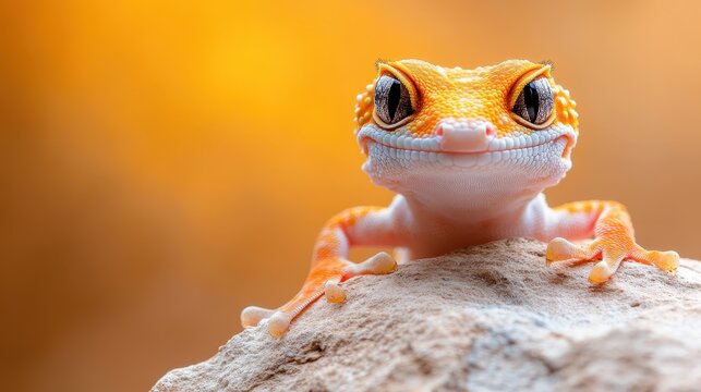 A close-up of a cheerful gecko perched on a rock showcases its vibrant colors and quirky expression, inviting viewers into a playful moment in nature's beauty. - Powered by Adobe