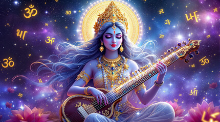 A stunning, ethereal digital artwork of Goddess Saraswati in a glowing celestial style, depicted with flowing silvery-blue hair, playing a luminous, starry veena adorned with lotus flowers.