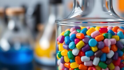 Colorful plastic pellets in laboratory beaker for plastic chemical research, polymer material science and industrial production concept.