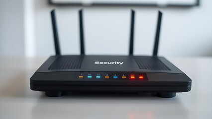 Modern router device with blinking LED lights on clean desk, symbolizing network security and connectivity, with copy space for text or design elements.