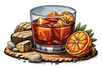 Boulevardier cocktail served in lowball glass with ice cubes and citrus garnish on white isolated bold whiskey-based drink vector ideal for bar menus, mixology art, or recipes