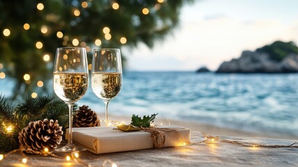 A refreshing toast with two glasses of champagne on a beach, symbolizing celebration and relaxation amidst a stunning ocean view and festive ambiance.