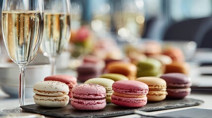 Assorted French macarons arranged on slate with glasses of sparkling champagne at elegant celebration table