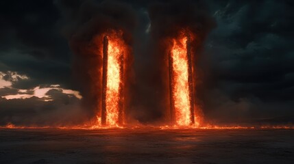 Two towering pillars of fire erupt dramatically against a dark sky, symbolizing power and chaos, creating an intense atmosphere filled with drama and energy.