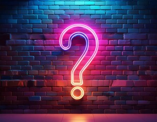 neon question mark on brick wall at night