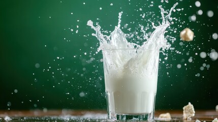 A dynamic splash of milk spills from a glass against a green background, capturing a moment of excitement and freshness, perfect for culinary and beverage themes.