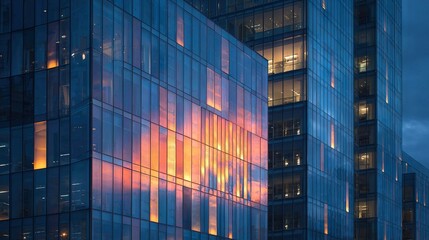Glass skyscraper with dramatic sunset reflection creating vivid fire-like patterns on building facade during dusk in modern urban cityscape