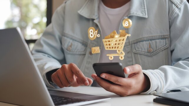 Person using digital device for online commerce and seasonal promotion