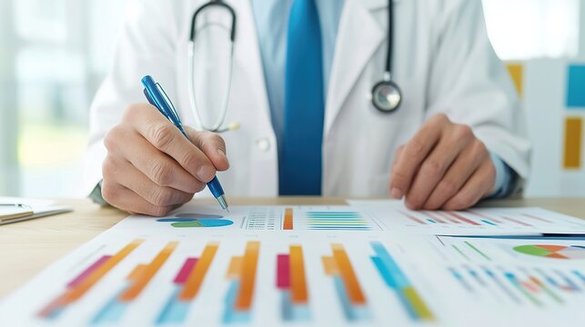 A doctor in a white coat analyzes colorful bar charts and graphs, marking data with a pen during a medical or healthcare review. - Powered by Adobe