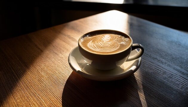 beautifully crafted latte sits table illuminated by strong shadows creating striking contrast