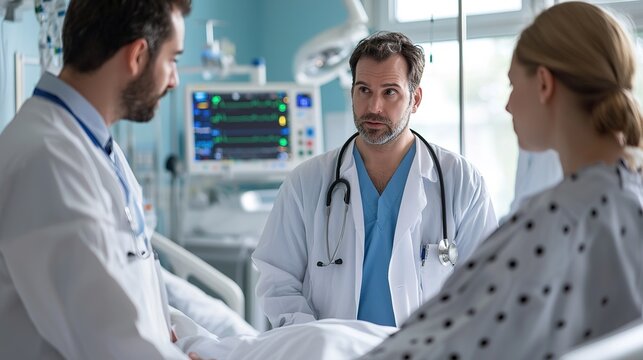 Two doctors consult with a patient in a hospital room equipped with medical monitors and equipment.