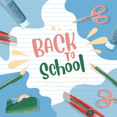 "Back to School Supplies with Stationery on Lined Paper Background