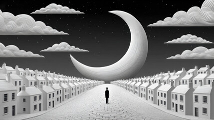 A tranquil village scene under an elongated moon, showcasing serene nighttime beauty and high fidelity details.