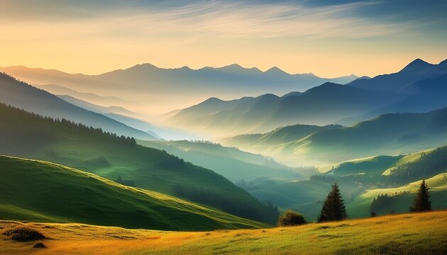 tranquil mountain landscape in soft morning light with rolling hills and misty peaks