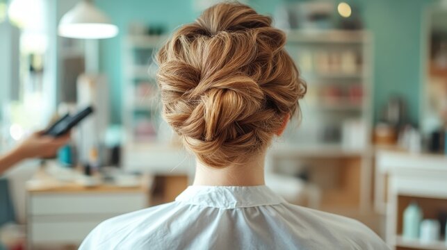 An elegant view of a woman showcasing a sophisticated hairstyle in a salon, representing beauty and self-care as she prepares for a special occasion.