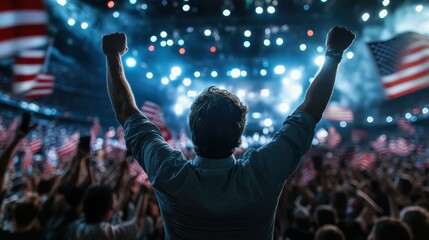 A vibrant concert scene filled with an enthusiastic crowd cheering with raised arms amidst colorful lights and waving flags, celebrating music and community spirit.