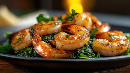 A beautifully plated dish featuring succulent shrimp cooked to perfection on a bed of vibrant leafy greens, showcasing culinary art and appetizing presentation.
