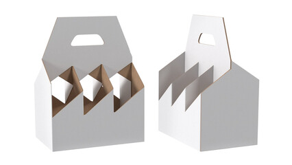 A pair of white paper takeout boxes with handles and cut-out designs, ideal for packaging food...