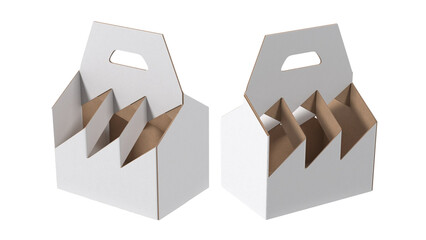 Two white takeout boxes with handles and compartments for food items.
