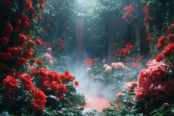 Enchanted rose garden with waterfall, red river, and misty forest atmosphere