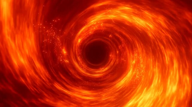 Animated flight through a swirling fiery vortex tunnel with glowing orange and red energy streams and a dark center