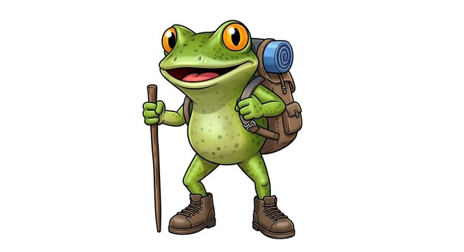 Cartoon frog hiker with hiking boots, walking stick and backpack, smiling and ready for an outdoor adventure. On white background.