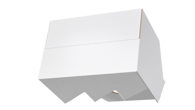 A minimalist white object with a geometric design, likely serving as a storage box or decorative piece.