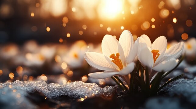 Delicate white crocuses blossoming amidst remnants of snow, symbolizing the resilience of nature and the arrival of spring, reflecting hope and renewal after winter's harshness.