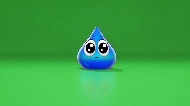 Cute cartoon water droplet character with big eyes on a bright green background