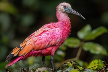 Vibrant scarlet ibis posing amidst lush greenery in a tropical habitat