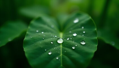 Water droplets resting on a green leaf surface with reflections and blurred background